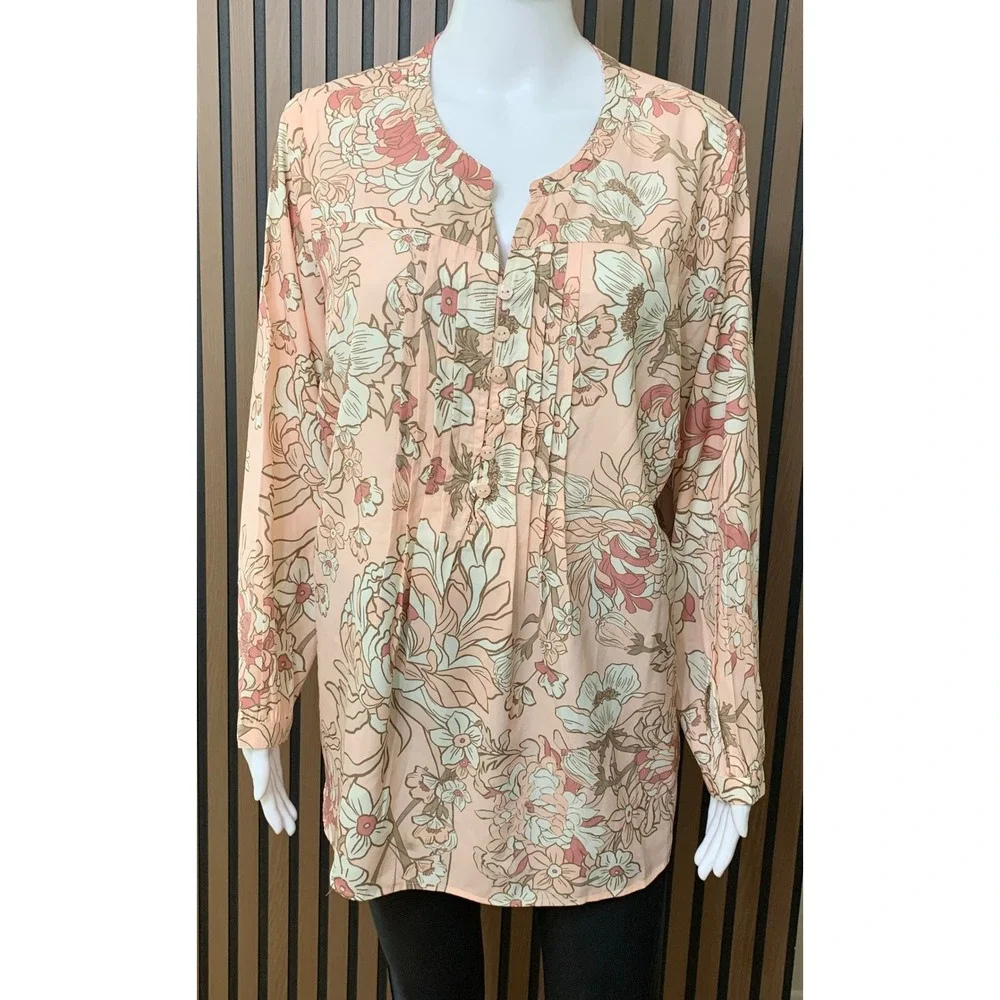 Coldwater Creek Women's Floral Pintuck Tunic Blouse 1X Pink Long Sleeve